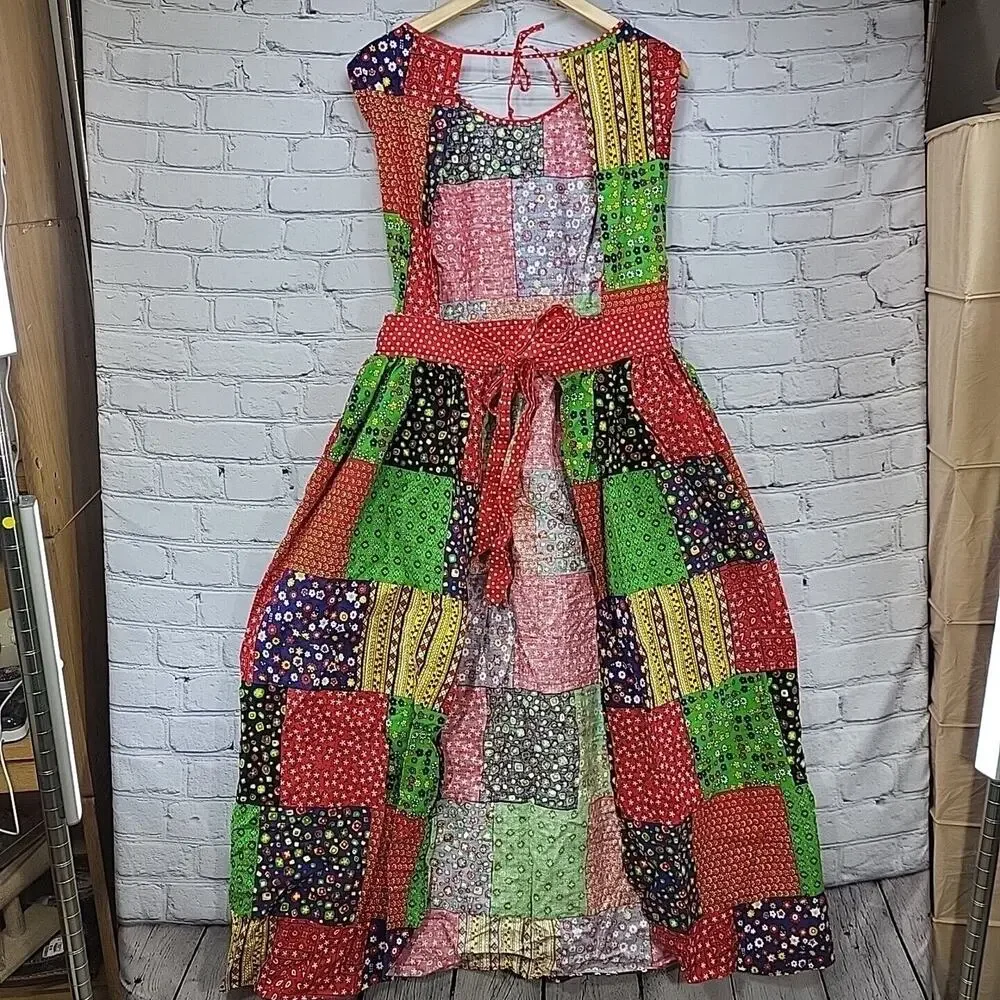 Vintage 70s Patchwork Apron Full Colorblock‎ Housedress Prairie Cottagecore Flaw